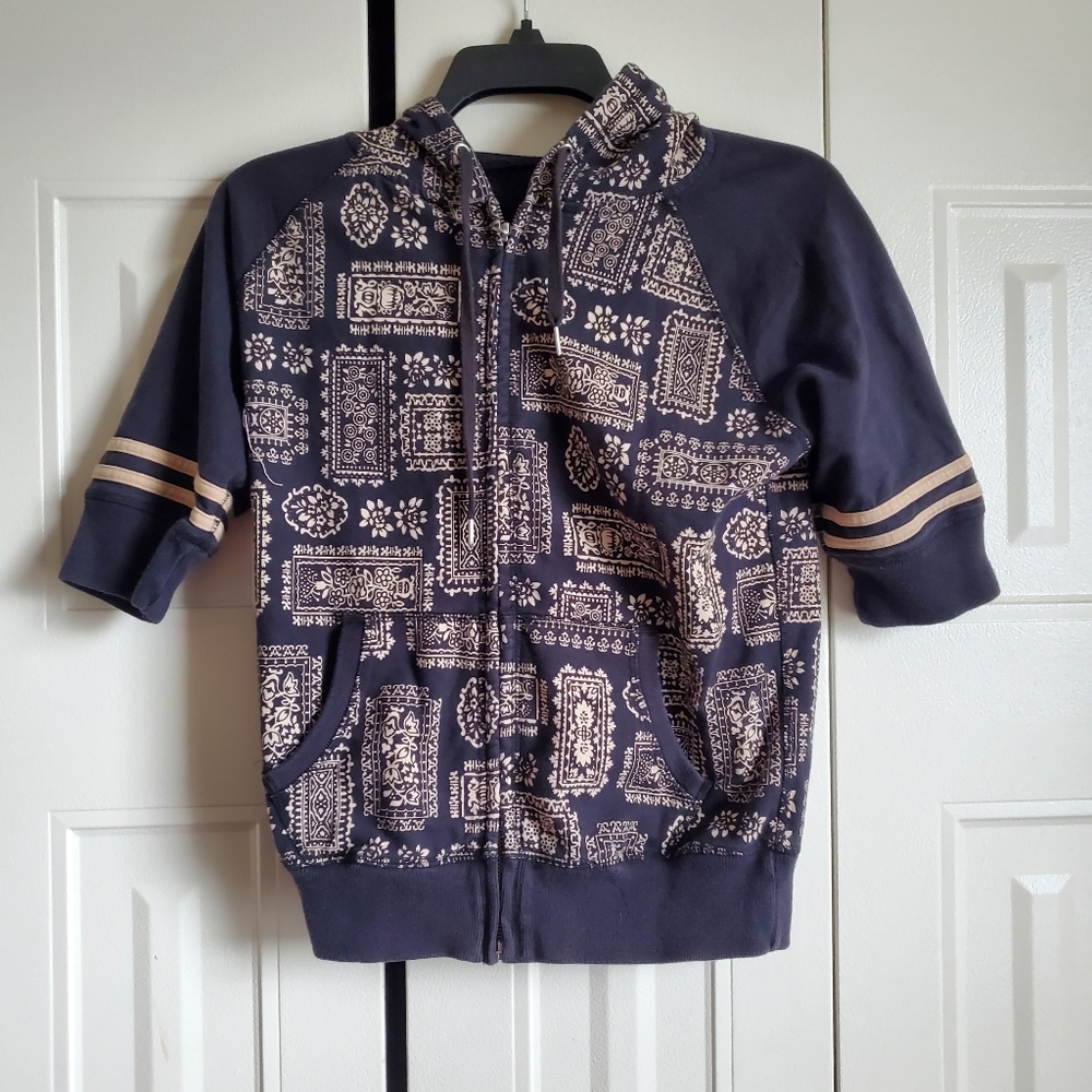 Lucky Brand Navy Hoodie with Cream Bandana Print and Stripe Accents